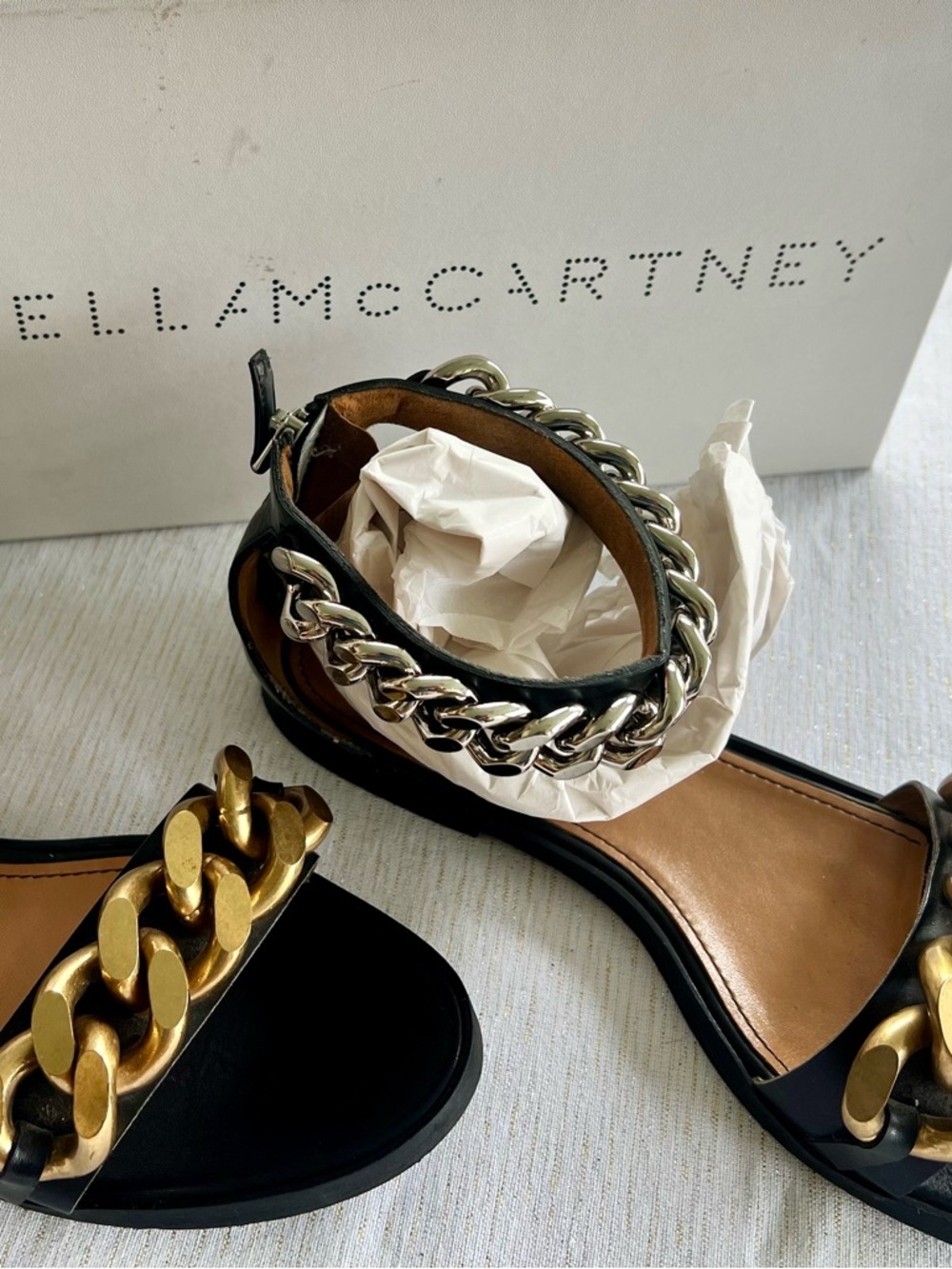 Stella McCartney Black Falabella Sandal with Chain Accents Size 9 w/box